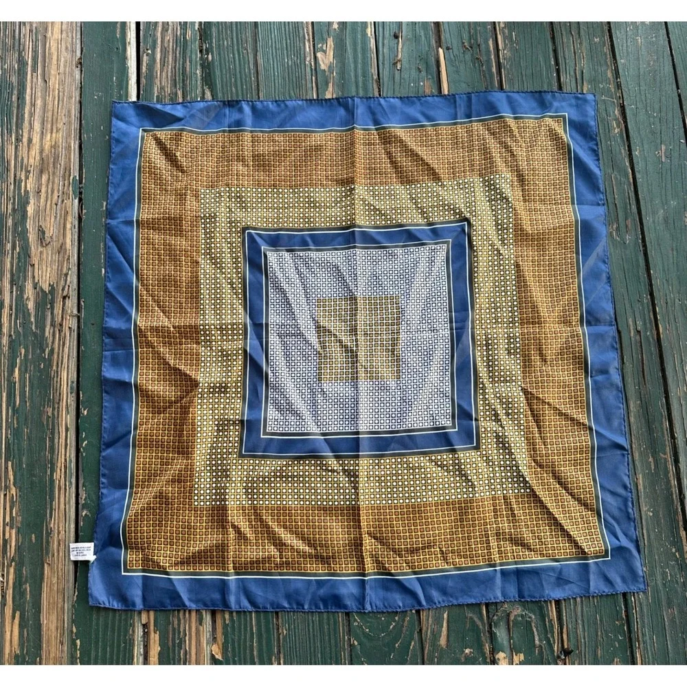 Vintage Silken‎ Polyester Geometric Square Scarf Navy Blue Gold Made in Japan